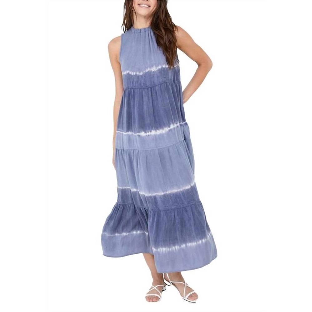 BELLA DAHL sleeveless tiered midi dress in indigo stripe dye XS
